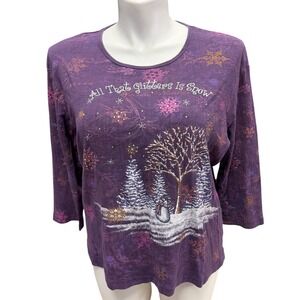 Grannycore Womens 2X Purple Snowman Tree‎ Winter Scene 3/4 Sleeve T Shirt